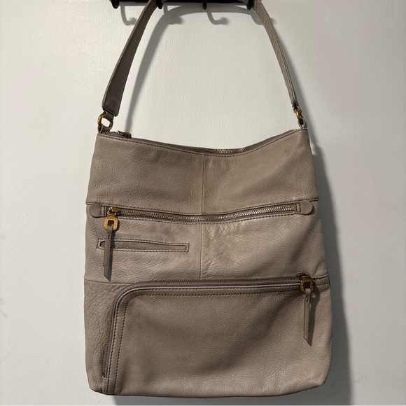 Hobo Liberty Taupe Gray Leather Shoulder Bag Tote Gold Hardware - Picture 1 of 10